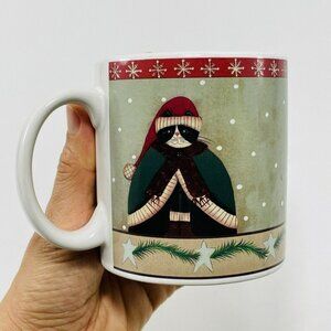 Fiddlestix Oneida Holiday Cats Christmas Mug Black Kitten Winter Cape Santa Hat